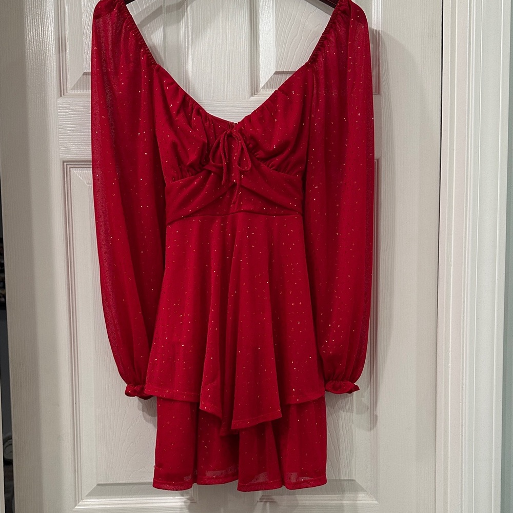 Midnight Doll Red Long Sleeve Dress, glitter dots, double hem fit & flare